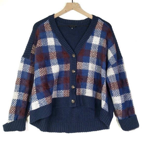 1.‎ State Revolve Button Front Eyelash Cropped Cardigan XL Blue Velvet Burgundy - Picture 1 of 9